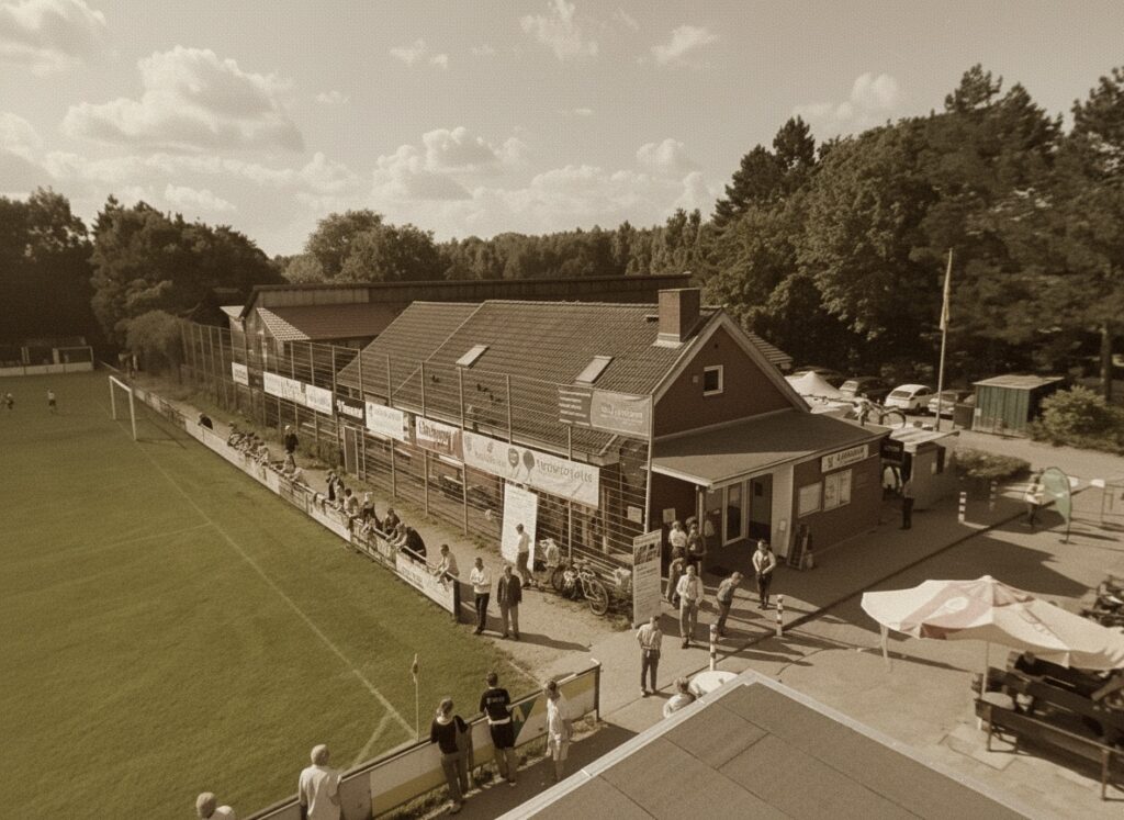 Fußballplatz mit Clubhaus und Zuschauern entlang der Seite, Bäume im Hintergrund.