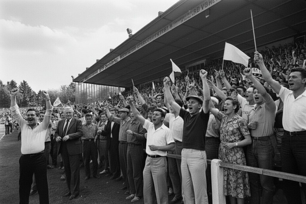 Schwarzweißfoto: jubelnde Stadionbesucher mit erhobenen Fäusten und Fahnen