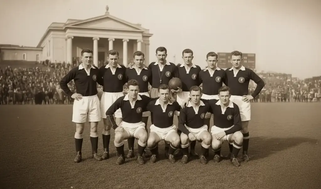 Historische Fußballmannschaft in dunklen Trikots vor Stadion mit Zuschauern.